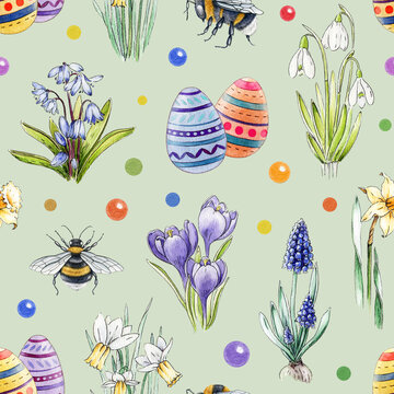 Springtime seamless pattern. Watercolor illustration. Hand drawn spring flowers, painted easter eggs and bees. Fresh blooming first plants easter decor. Bright cozy festive seamless pattern