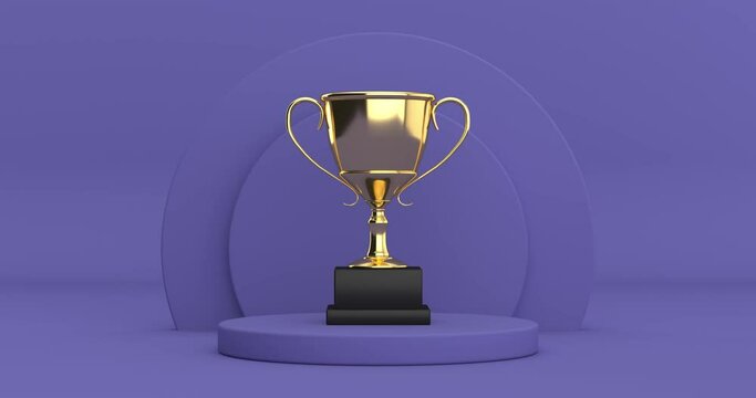 4k Resolution Video: Golden Award Trophy Cup Rotating over Violet Very Peri Cylinders Products Stage Pedestal on a Violet Very Peri background loop animation
