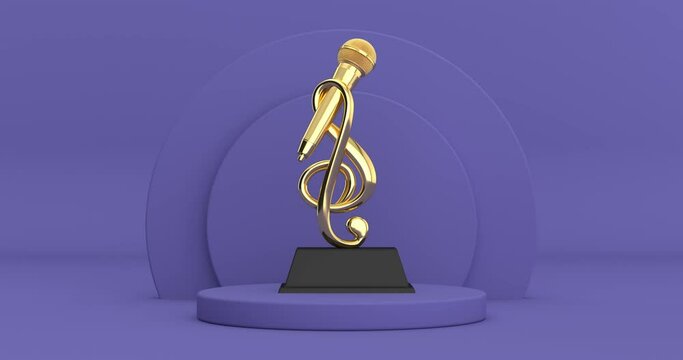 4k Resolution Video: Golden Music Treble Clef with Microphone Award Trophy Rotating over Violet Very Peri Cylinders Products Stage Pedestal on a Violet Very Peri background loop animation