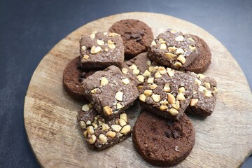 Homemade cashew nuts and chocolate chips cookies. Best tea time healthy baked biscuits. High Tea concept. Copy space.