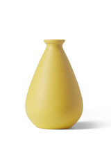Detailed shot of a yellow vase. The vase has a shape of a drop. The surface of the vase is textured. The yellow decor item is isolated on the white background.