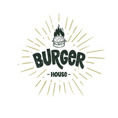 Hand drawn logo or label of Burger. Doodle vector illustration.