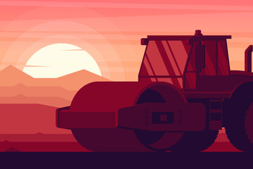 soil compactor roller in a sunset with heavy construction and mining machinery