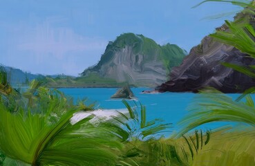 Ocean view. Wide brush painting. Hot summer. Tropical island. Digital art. Pacific atoll. 2d illustration. Blue water. © Jakub