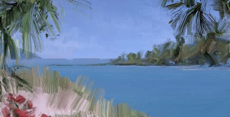 Ocean view. Wide brush painting. Hot summer. Tropical island. Digital art. Pacific atoll. 2d illustration. Blue water. © Jakub