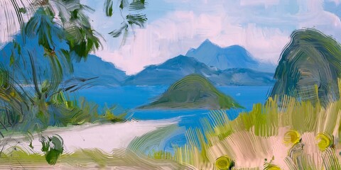Ocean view. Wide brush painting. Hot summer. Tropical island. Digital art. Pacific atoll. 2d illustration. Blue water. © Jakub