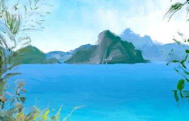 Ocean view. Wide brush painting. Hot summer. Tropical island. Digital art. Pacific atoll. 2d illustration. Blue water. © Jakub