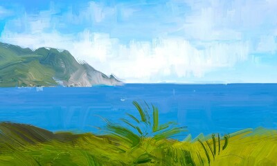Ocean view. Wide brush painting. Hot summer. Tropical island. Digital art. Pacific atoll. 2d illustration. Blue water. © Jakub