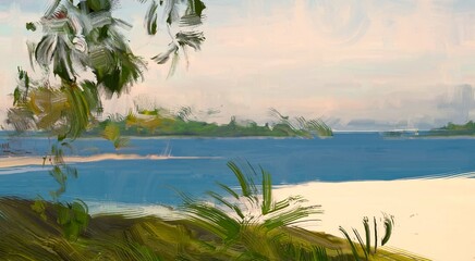 Ocean view. Wide brush painting. Hot summer. Tropical island. Digital art. Pacific atoll. 2d illustration. Blue water. © Jakub
