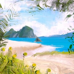 Ocean view. Wide brush painting. Hot summer. Tropical island. Digital art. Pacific atoll. 2d illustration. Blue water. © Jakub