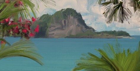 Ocean view. Wide brush painting. Hot summer. Tropical island. Digital art. Pacific atoll. 2d illustration. Blue water. © Jakub