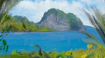 Ocean view. Wide brush painting. Hot summer. Tropical island. Digital art. Pacific atoll. 2d illustration. Blue water. © Jakub
