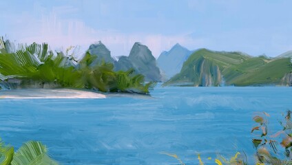 Ocean view. Wide brush painting. Hot summer. Tropical island. Digital art. Pacific atoll. 2d illustration. Blue water. © Jakub