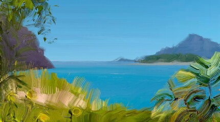Ocean view. Wide brush painting. Hot summer. Tropical island. Digital art. Pacific atoll. 2d illustration. Blue water. © Jakub