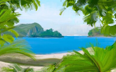 Ocean view. Wide brush painting. Hot summer. Tropical island. Digital art. Pacific atoll. 2d illustration. Blue water. © Jakub