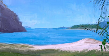 Ocean view. Wide brush painting. Hot summer. Tropical island. Digital art. Pacific atoll. 2d illustration. Blue water.