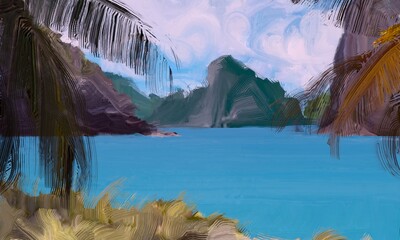 Ocean view. Wide brush painting. Hot summer. Tropical island. Digital art. Pacific atoll. 2d illustration. Blue water. © Jakub