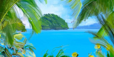 Ocean view. Wide brush painting. Hot summer. Tropical island. Digital art. Pacific atoll. 2d illustration. Blue water. © Jakub