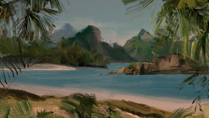 Ocean view. Wide brush painting. Hot summer. Tropical island. Digital art. Pacific atoll. 2d illustration. Blue water. © Jakub