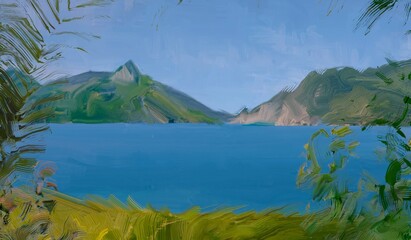 Ocean view. Wide brush painting. Hot summer. Tropical island. Digital art. Pacific atoll. 2d illustration. Blue water. © Jakub