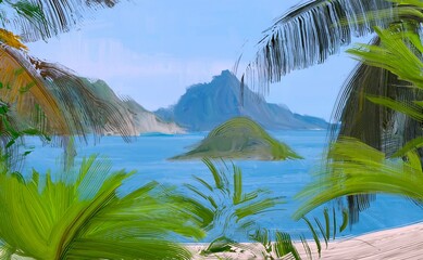 Ocean view. Wide brush painting. Hot summer. Tropical island. Digital art. Pacific atoll. 2d illustration. Blue water. © Jakub