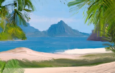 Ocean view. Wide brush painting. Hot summer. Tropical island. Digital art. Pacific atoll. 2d illustration. Blue water. © Jakub