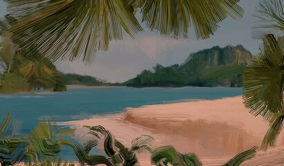Ocean view. Wide brush painting. Hot summer. Tropical island. Digital art. Pacific atoll. 2d illustration. Blue water. © Jakub