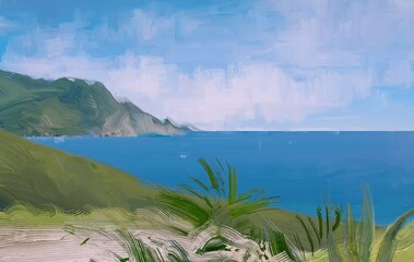 Ocean view. Wide brush painting. Hot summer. Tropical island. Digital art. Pacific atoll. 2d illustration. Blue water. © Jakub
