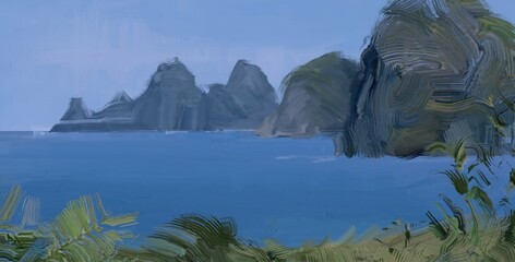 Ocean view. Wide brush painting. Hot summer. Tropical island. Digital art. Pacific atoll. 2d illustration. Blue water. © Jakub