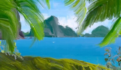 Ocean view. Wide brush painting. Hot summer. Tropical island. Digital art. Pacific atoll. 2d illustration. Blue water. © Jakub
