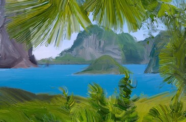 Ocean view. Wide brush painting. Hot summer. Tropical island. Digital art. Pacific atoll. 2d illustration. Blue water. © Jakub