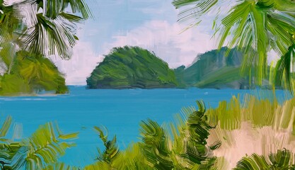 Ocean view. Wide brush painting. Hot summer. Tropical island. Digital art. Pacific atoll. 2d illustration. Blue water. © Jakub