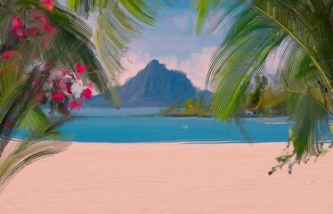 Ocean view. Wide brush painting. Hot summer. Tropical island. Digital art. Pacific atoll. 2d illustration. Blue water. © Jakub