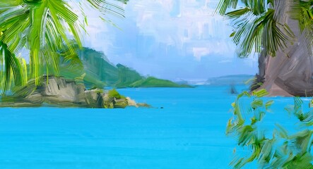 Ocean view. Wide brush painting. Hot summer. Tropical island. Digital art. Pacific atoll. 2d illustration. Blue water. - obrazy, fototapety, plakaty