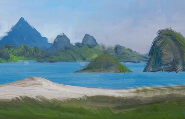 Ocean view. Wide brush painting. Hot summer. Tropical island. Digital art. Pacific atoll. 2d illustration. Blue water. © Jakub