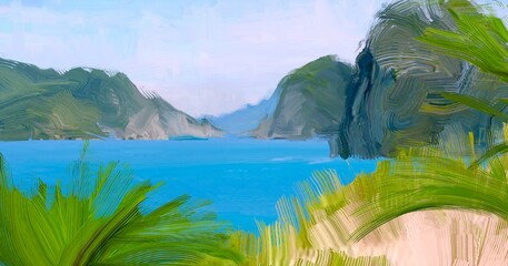 Ocean view. Wide brush painting. Hot summer. Tropical island. Digital art. Pacific atoll. 2d illustration. Blue water. © Jakub