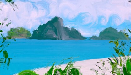 Ocean view. Wide brush painting. Hot summer. Tropical island. Digital art. Pacific atoll. 2d illustration. Blue water. © Jakub