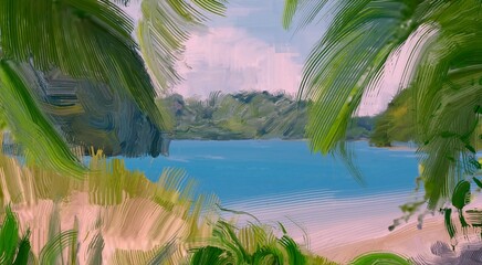 Ocean view. Wide brush painting. Hot summer. Tropical island. Digital art. Pacific atoll. 2d illustration. Blue water. © Jakub