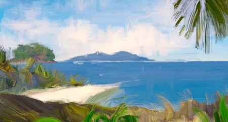 Ocean view. Wide brush painting. Hot summer. Tropical island. Digital art. Pacific atoll. 2d illustration. Blue water. © Jakub