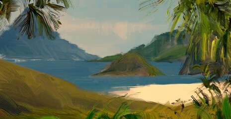 Ocean view. Wide brush painting. Hot summer. Tropical island. Digital art. Pacific atoll. 2d illustration. Blue water. © Jakub