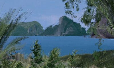 Ocean view. Wide brush painting. Hot summer. Tropical island. Digital art. Pacific atoll. 2d illustration. Blue water. © Jakub