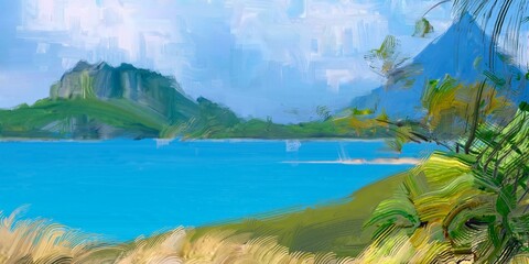 Ocean view. Wide brush painting. Hot summer. Tropical island. Digital art. Pacific atoll. 2d illustration. Blue water. © Jakub
