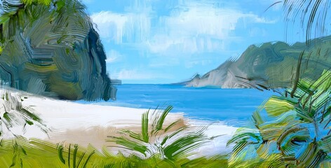 Ocean view. Wide brush painting. Hot summer. Tropical island. Digital art. Pacific atoll. 2d illustration. Blue water. © Jakub