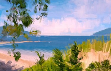 Ocean view. Wide brush painting. Hot summer. Tropical island. Digital art. Pacific atoll. 2d illustration. Blue water. © Jakub