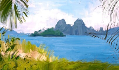 Ocean view. Wide brush painting. Hot summer. Tropical island. Digital art. Pacific atoll. 2d illustration. Blue water. © Jakub