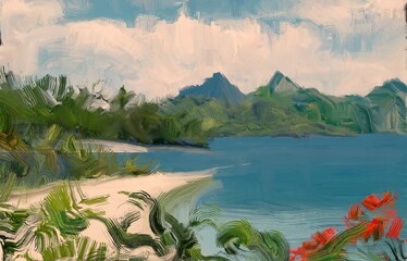 Ocean view. Wide brush painting. Hot summer. Tropical island. Digital art. Pacific atoll. 2d illustration. Blue water. © Jakub
