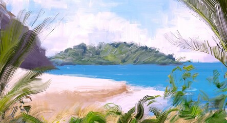 Ocean view. Wide brush painting. Hot summer. Tropical island. Digital art. Pacific atoll. 2d illustration. Blue water. © Jakub