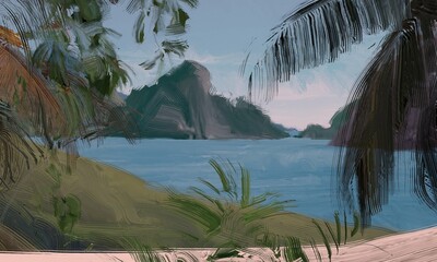 Ocean view. Wide brush painting. Hot summer. Tropical island. Digital art. Pacific atoll. 2d illustration. Blue water. © Jakub