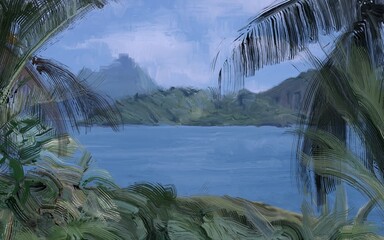 Ocean view. Wide brush painting. Hot summer. Tropical island. Digital art. Pacific atoll. 2d illustration. Blue water. © Jakub