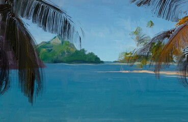 Ocean view. Wide brush painting. Hot summer. Tropical island. Digital art. Pacific atoll. 2d illustration. Blue water. © Jakub